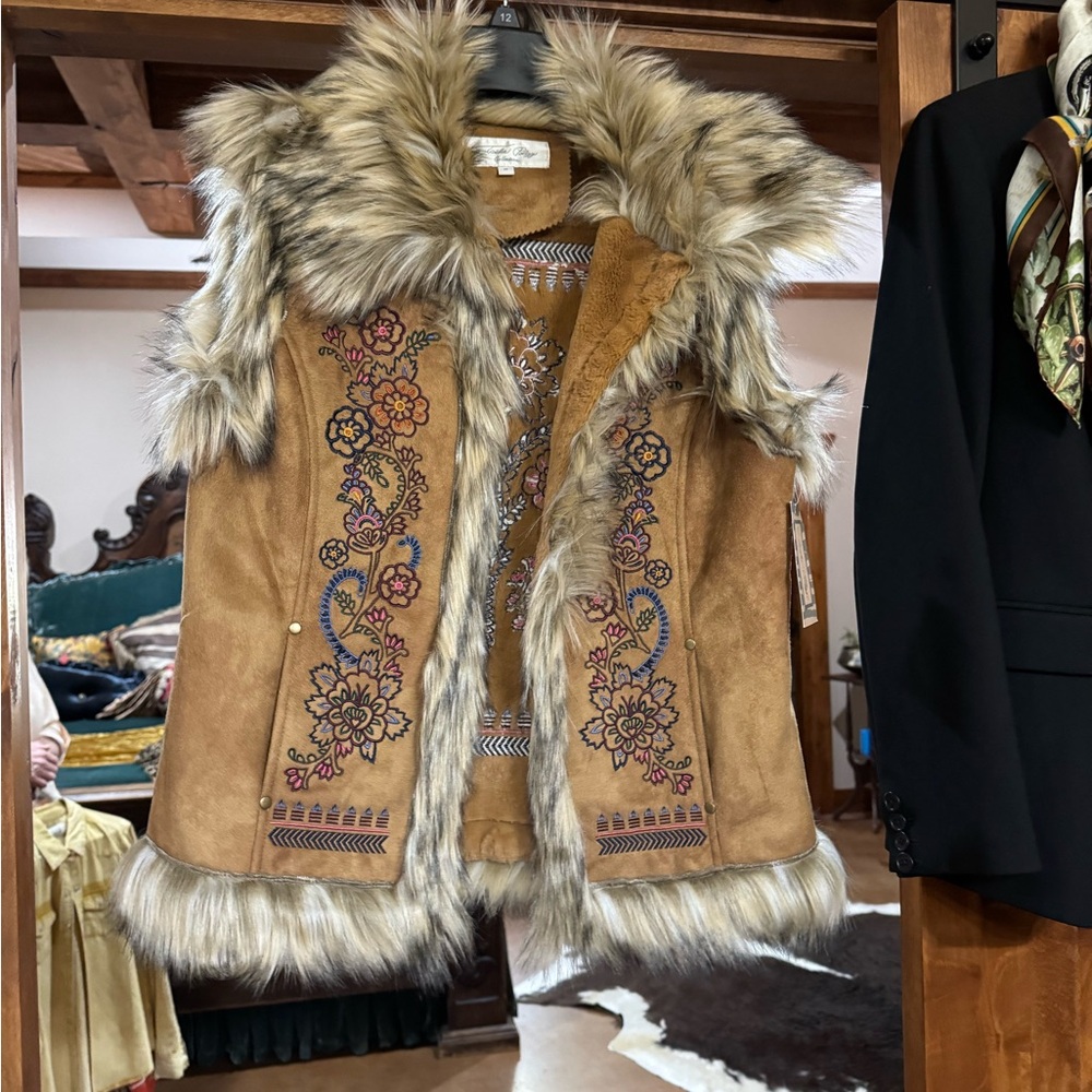 Tasha Polizzi Tan Vest with Faux Fur and Embroidery